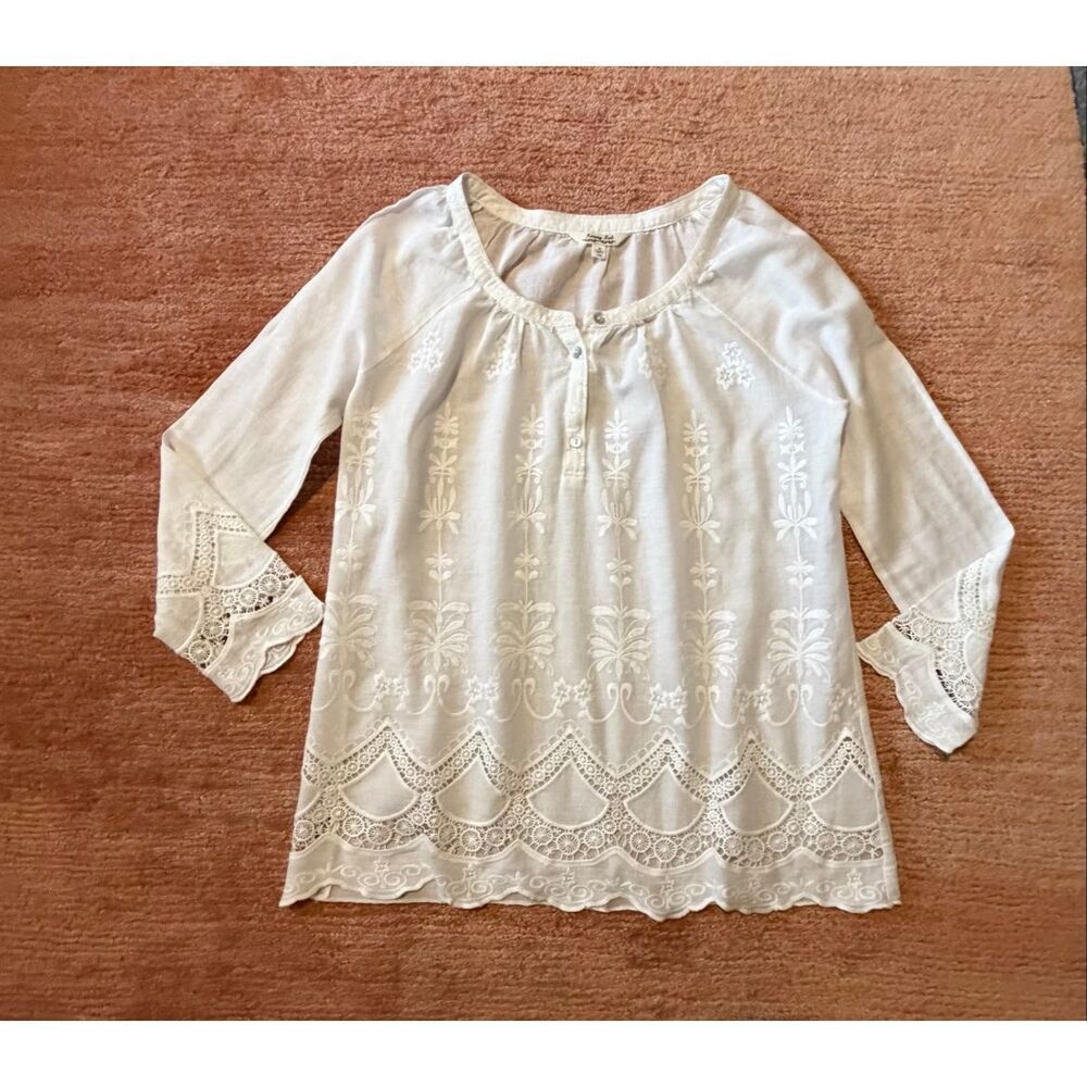 Krazy Kat White Cotton Embroidered Lace Boho Peasant Blouse Tunic Top M Cottagec